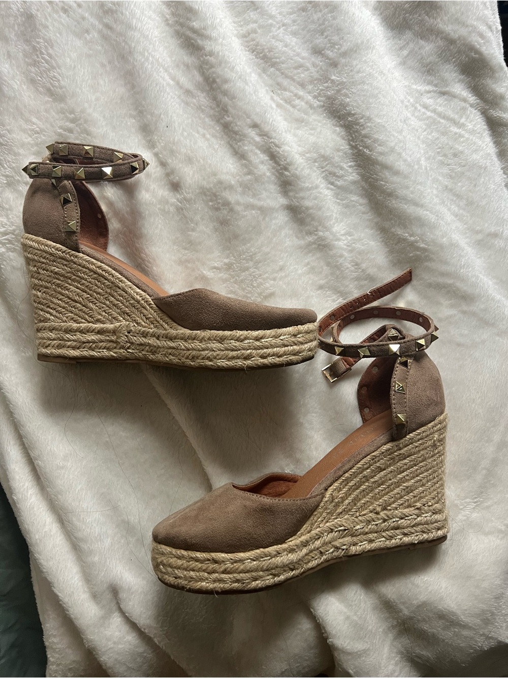 Taupe Suede Espadrille Wedge with Studded Ankle Tie
